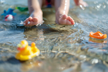 Child's Playful Time in Water. Close-up of child's feet and floating toys in water.