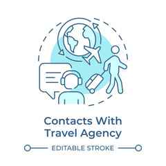 Contact with travel agency soft blue concept icon. Customer support service. Travel consultant. Round shape line illustration. Abstract idea. Graphic design. Easy to use in application