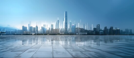 Smart City Panorama: Reflective Cityscapes and Sky, Architectural Serenity, and Glossy Vistas of Urban Tranquility