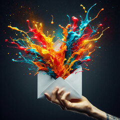 Naklejka premium envelope exploding in colorful paint- mail, contact, advertising, email