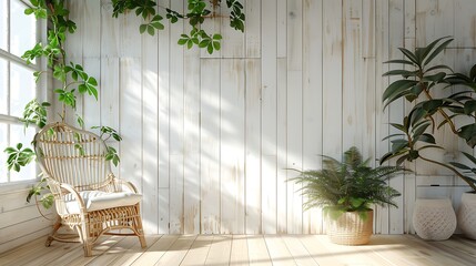 white wood plank wall and wooden floor decorate with rattan lounge chair decorate wall with green plan