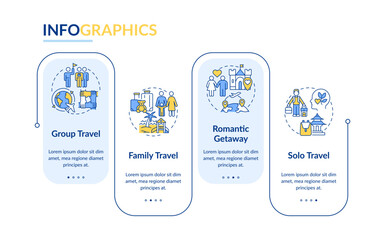 Travel types blue rectangle infographic template. Travel agency Data visualization with 4 steps. Editable timeline info chart. Workflow layout with line icons. Lato-Bold, Regular fonts used
