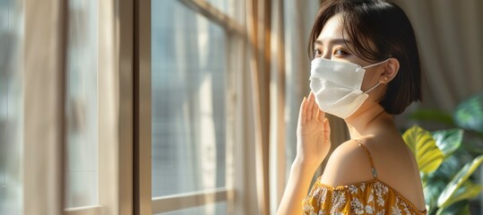 A Stylish Asian Woman in a Cloth Face Mask Gazes Out the Window, Bathed in Sunlight