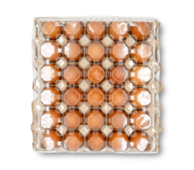 top view of 30 eggs raw in a carton box on transparent background. Thirty fresh chicken eggs. clipping path
