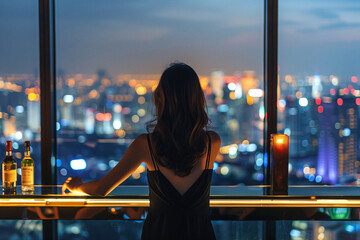 Woman gazes out at the illuminated cityscape at night. Brunette at a luxury rooftop bar in a bustling city