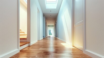 An Empty House's Corridor with Polished Hardwood Floors and Skylights, Bathing the Space in Natural Light