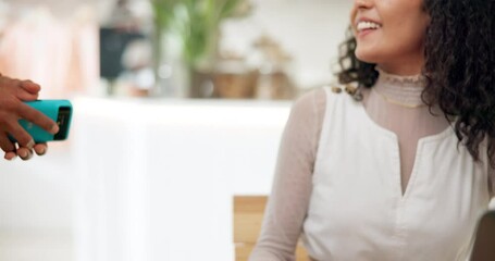 Hands, pos and credit card for payment in coffee shop, ecommerce and transaction on electronic machine. Closeup, digital scanner and woman for tap purchase, internet currency and online service