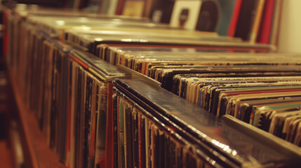 A view down a shelf of vinyl record albums with worn covers, capturing the feel of an old record store