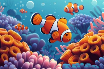 A lively design showcasing clownfish darting around their coral homes in a vibrant underwater world
