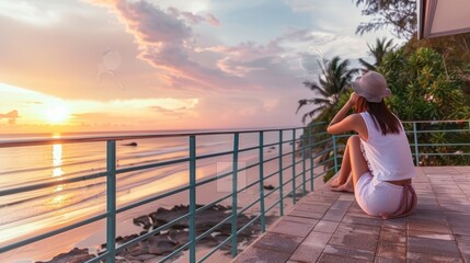A Pensive Woman Finds Solace Sitting on a Balcony, the Tropical Beach Stretching Before Her as Evening Draws Near