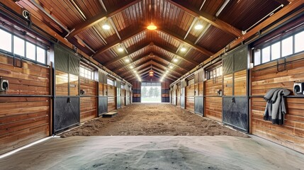 The Luxurious and Commodious Interior of a High-End Horse Stable Shed, Crafted for the Noble Steed - obrazy, fototapety, plakaty