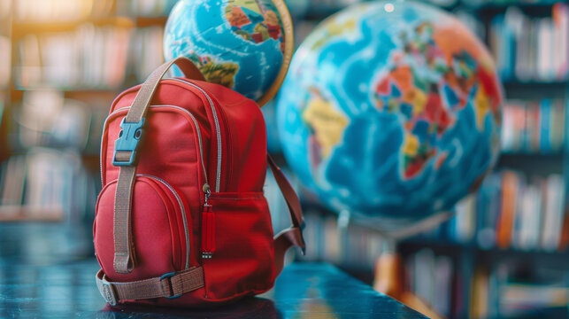 A red backpack sits on a table next to a globe