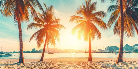 Fotobehang A beautiful beach scene with palm trees and a sunset in the background. The palm trees are tall and the water is calm © Дмитрий Симаков