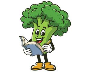 Broccoli with book cartoon mascot illustration character vector clip art hand drawn