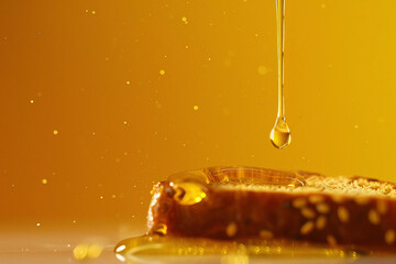Golden Honey Pouring on Bread. Drizzle of honey on toasted bread, warm tones.