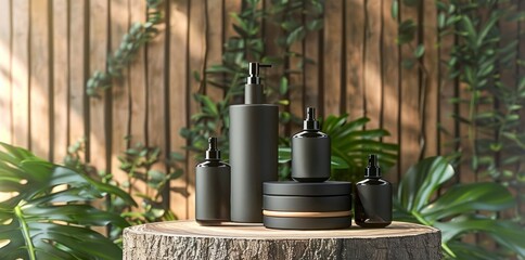 A Collection of Black Aroma Spa Bottles Poised on a Wooden Log, Complemented by Greenery and the Gentle Kiss of Sunlight
