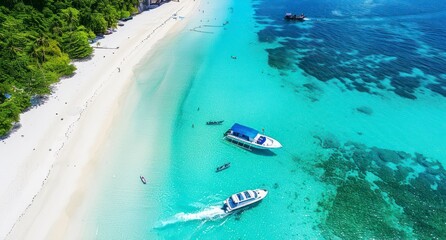 An Aerial Snapshot of a Speed Boat Cruising Along a White Sandy Beach, The Quintessence of Summer Vacationing