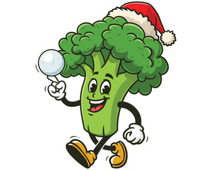 Broccoli wearing Christmas hats and playing snowballs cartoon mascot illustration character vector clip art hand drawn