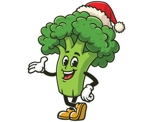 Broccoli wearing a Christmas hat cartoon mascot illustration character vector clip art hand drawn