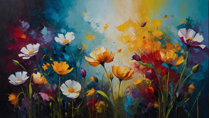 Expressive oil painting capturing the essence of flowers, their vibrant colors blending into an abstract background.
