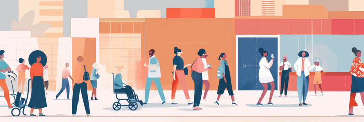 A vibrant city setting with people of different ages and backgrounds walking, conversing, and engaging in daily life under the warm glow of afternoon sunlight