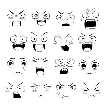 Set of doodles of various emotions in anime style. Anime emotion effect. Facial expression.