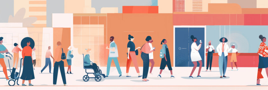 A vibrant city setting with people of different ages and backgrounds walking, conversing, and engaging in daily life under the warm glow of afternoon sunlight