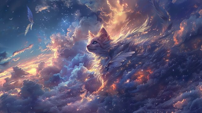 A baby-dog and winged cats, under a sky painted in twilight hues, each element in an amazing composition that whispers of dreams.