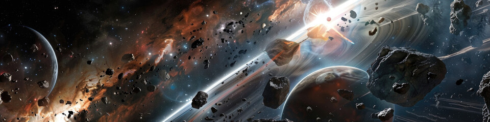 A vast asteroid belt encircles a planet, with several meteors piercing the space dust and debris