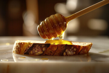 Golden Honey Pouring on Bread. Drizzle of honey on toasted bread, warm tones.