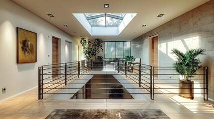 A Second Floor Landing Shines with a Skylight Above, Encircled by Chic Metal Railings for a Modern Look