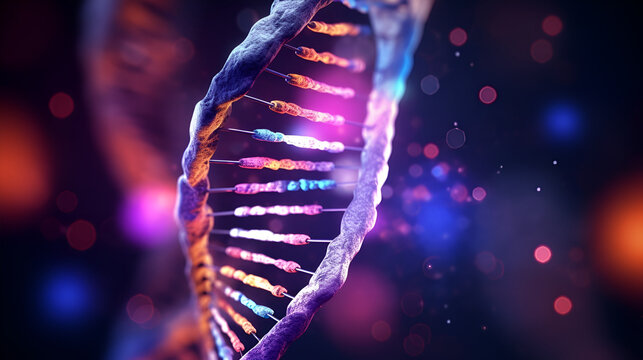 A DNA strand with a purple bokeh abstract lights background genetic modification