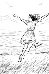 A drawing of mature woman jumping energetically in mid-air, arms outstretched and hair flowing, capturing a moment of dynamic movement and freedom