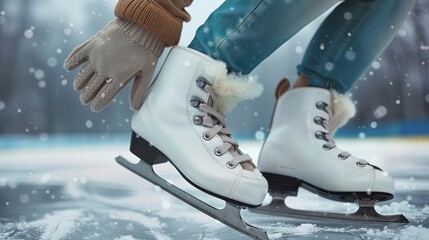 A Closeup of a Woman's Feet in Ice Skates, Complete with Gloves and Jeans, Primed for Skating on a Grey Backdrop