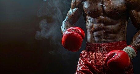 Fototapeta na wymiar A Boxer's Pre-Competition Intensity, His Red Shorts and Glove a Vivid Beacon in the Dim Light