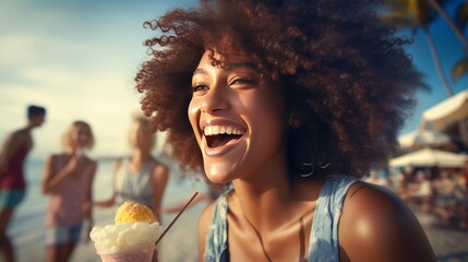 young black woman eating ice cream on the beach