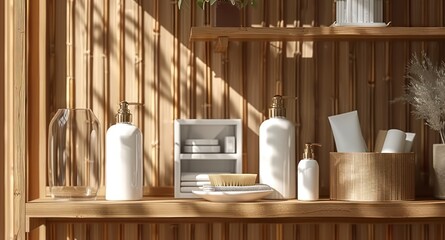 White Ceramic Bottles with Pump Heads Nestled in a Bamboo Wood Wardrobe, Illuminated by Sunlight for a Luxurious Beauty Product Display