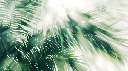 palm leaves, sun, and mist, in the style of inky shadows, dark white and dark green, soft edges and blurred details, dreamlike