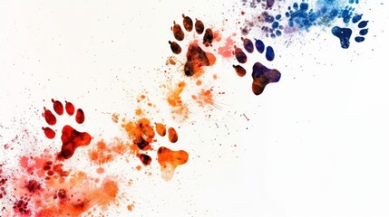 A footprints, paw print path Dog paws. Kitten. Paw prints of bright colors of animals, silhouettes on a white background. - obrazy, fototapety, plakaty