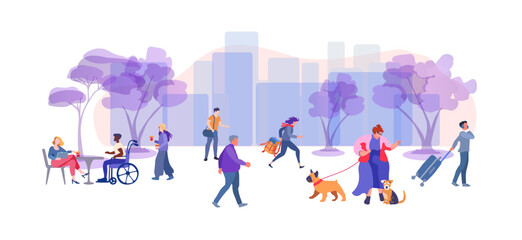 People going along city street With trees. Big woman walks with a dogs. Urban panorama with pedestrians, buildings and road. Horizontal cityscape. Scene with citizens walking at sidewalks in town