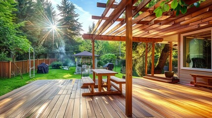 The Expansive Charm of a Wooden Deck with Cozy Benches and an Integrated Pergola