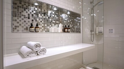 A Stunning Walk-In Shower with Pristine White Tile Surround and a Chic Shower Niche Adorned in Mosaic Gray Tiles