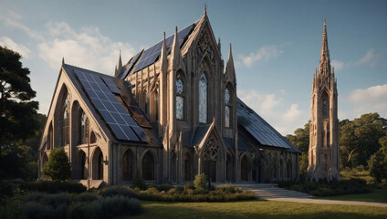 Gothic-inspired cathedral converted into an eco-conscious residence, with solar panels discreetly installed on its soaring spires. - obrazy, fototapety, plakaty