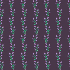 Hand drawn watercolor lavender wildflower seamless pattern isolated on dark background. Can be used for textile, fabric and other printed products.