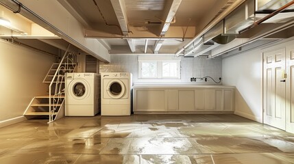A Vast, Unoccupied Basement Houses a Laundry Section, Blending Utility with Space in the Home