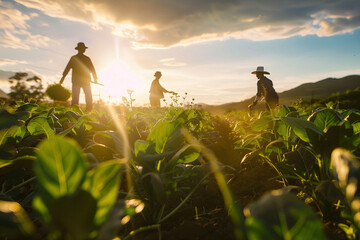 Farmers at Sunset in the Fields. Backlit farmers working in the field at sunset.