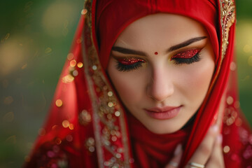 Muslim bride in a vibrant red hijab, intricate gold details, modern twist on traditional attire, with glittery eye makeup adding a festive touch, for advertising, design, or social media campaigns