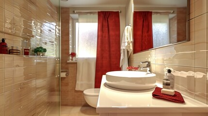 A Simple Beige and Red Bathroom Outfitted with a Sleek White Sink