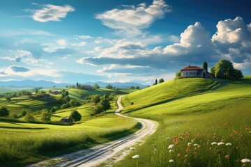 Farmhouse illustration ,A picturesque countryside with fields and a farmhouse, AI generated