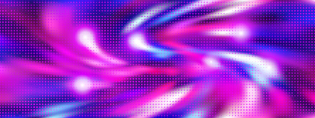 Abstract bg with purple neon swirl and halftone raster texture. Bright violet-pink background with a pattern of dots. Vector illustration with gradient mesh and blending modes.